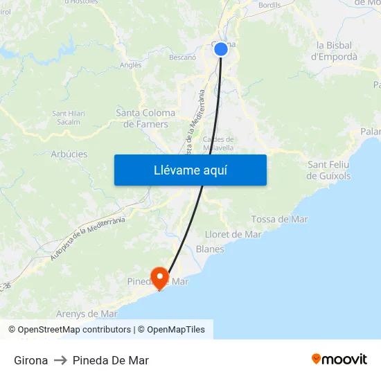 Girona to Pineda De Mar map