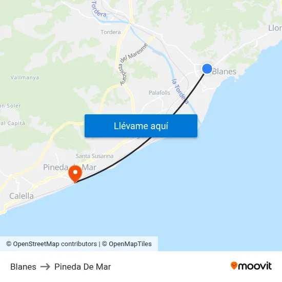 Blanes to Pineda De Mar map
