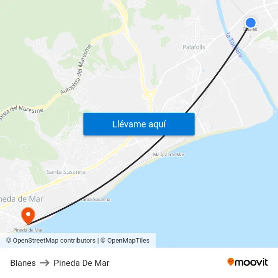 Blanes to Pineda De Mar map