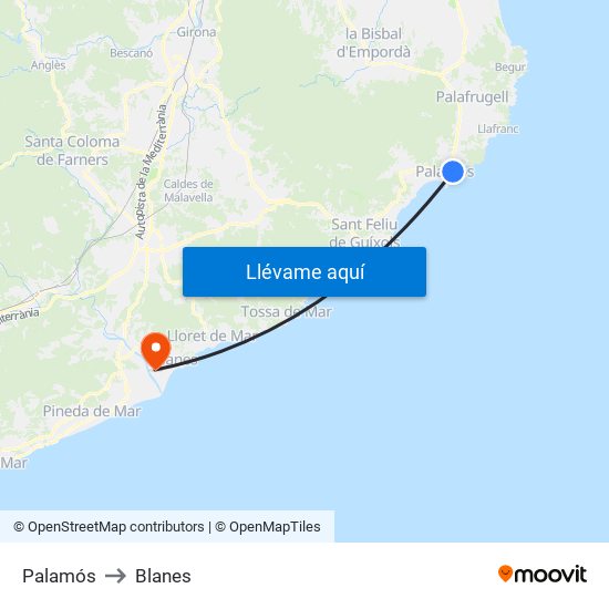 Palamós to Blanes map