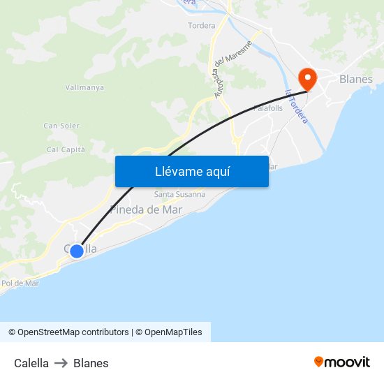 Calella to Blanes map