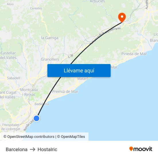 Barcelona to Hostalric map