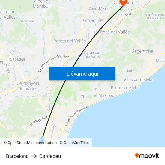 Barcelona to Cardedeu map