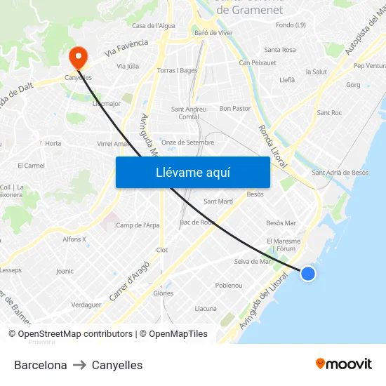 Barcelona to Canyelles map