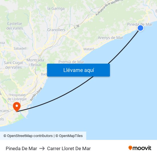 Pineda De Mar to Carrer Lloret De Mar map