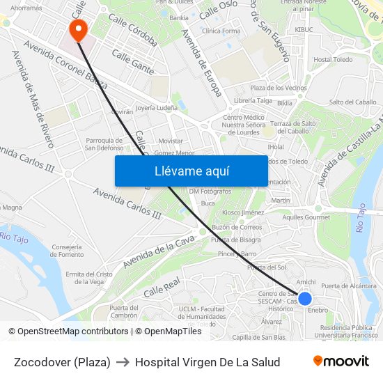 Zocodover (Plaza) to Hospital Virgen De La Salud map