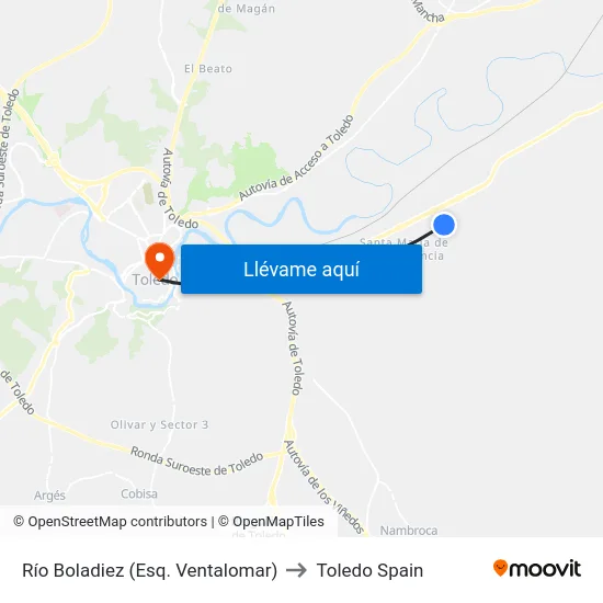 Río Boladiez (Esq. Ventalomar) to Toledo Spain map