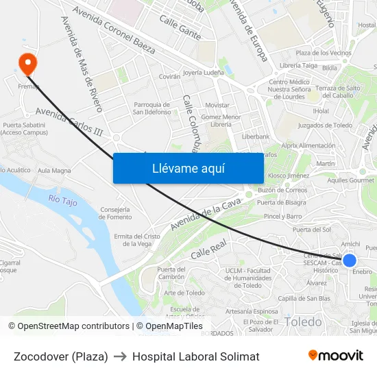 Zocodover (Plaza) to Hospital Laboral Solimat map