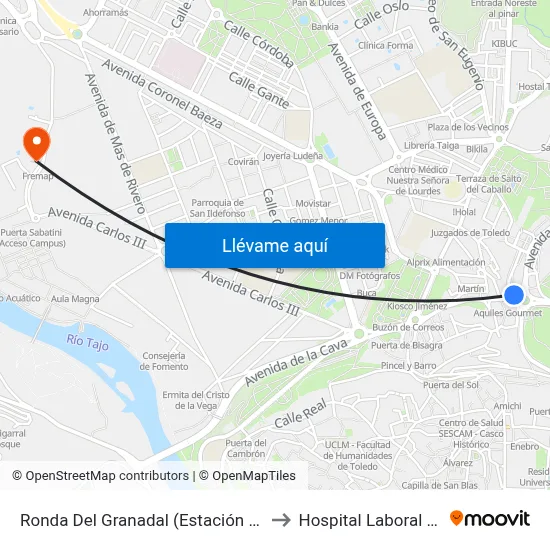 Ronda Del Granadal (Estación Autobuses) to Hospital Laboral Solimat map