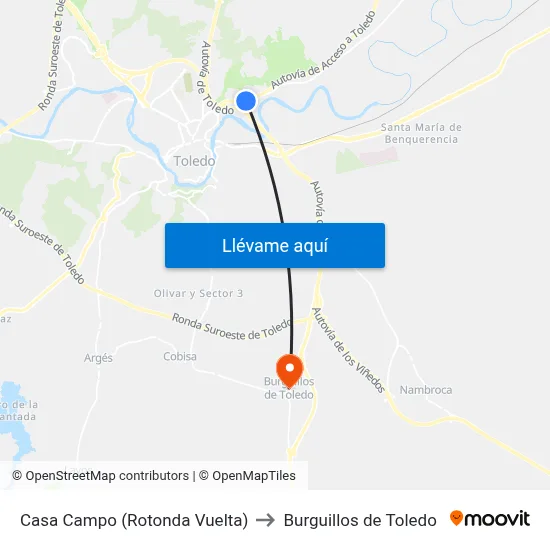 Casa Campo (Rotonda Vuelta) to Burguillos de Toledo map