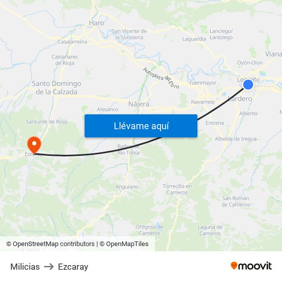 Milicias to Ezcaray map