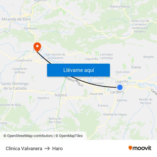 Clínica Valvanera to Haro map