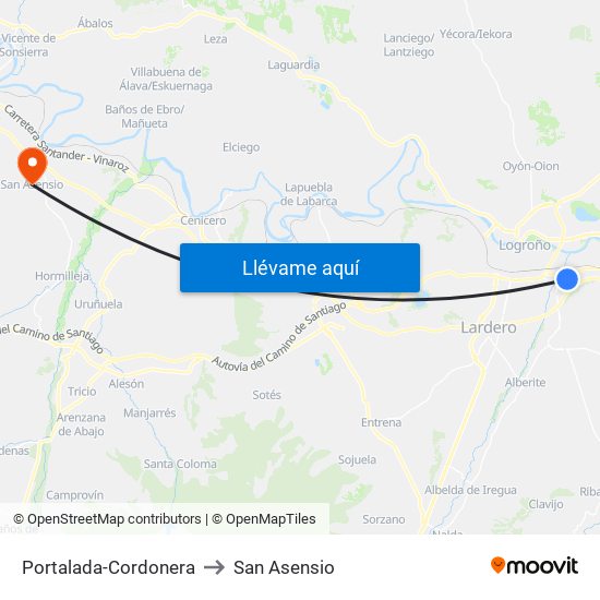 Portalada-Cordonera to San Asensio map