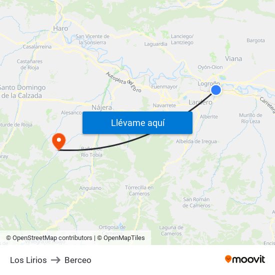 Los Lirios to Berceo map