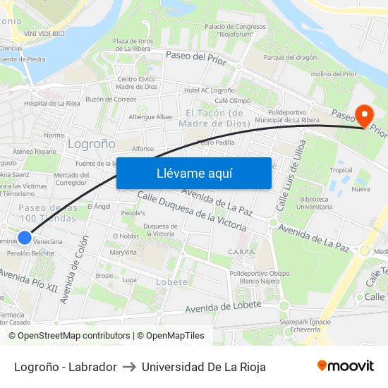 Logroño - Labrador to Universidad De La Rioja map