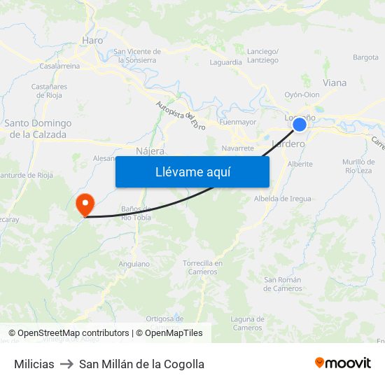 Milicias to San Millán de la Cogolla map