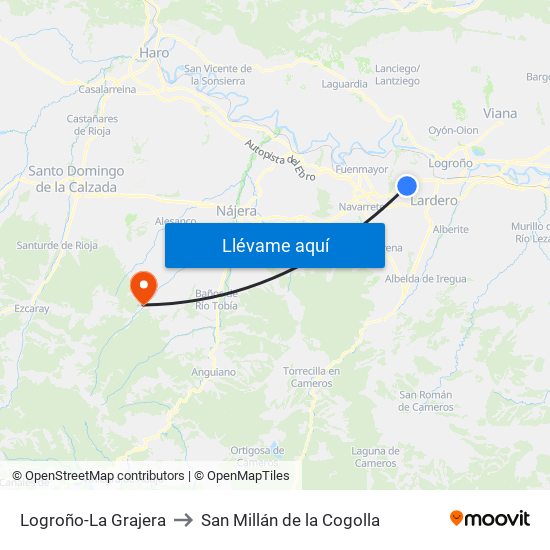 Logroño-La Grajera to San Millán de la Cogolla map