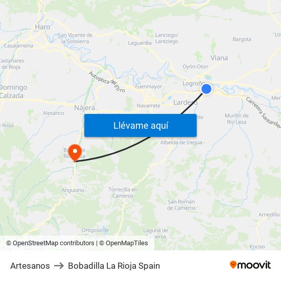 Artesanos to Bobadilla La Rioja Spain map