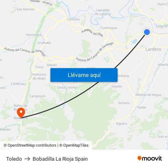 Toledo to Bobadilla La Rioja Spain map
