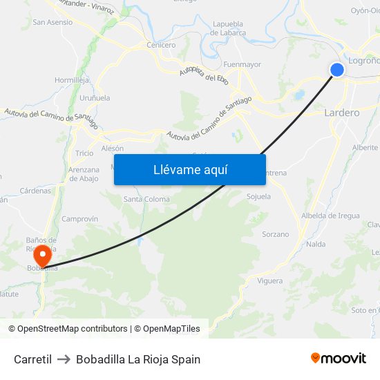 Carretil to Bobadilla La Rioja Spain map