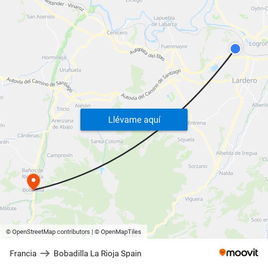 Francia to Bobadilla La Rioja Spain map