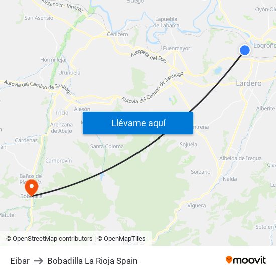 Eibar to Bobadilla La Rioja Spain map