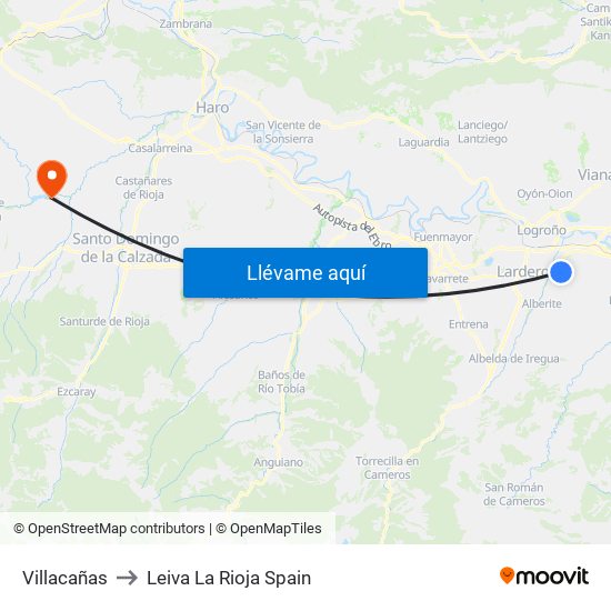 Villacañas to Leiva La Rioja Spain map