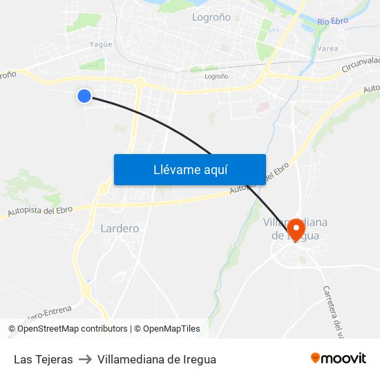 Las Tejeras to Villamediana de Iregua map