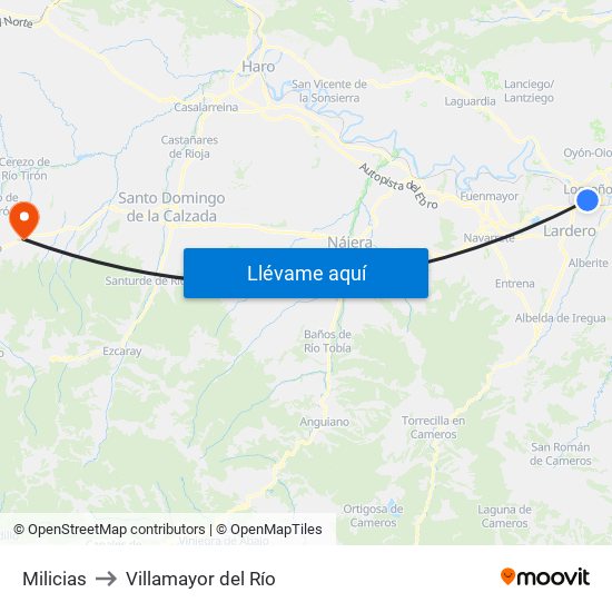 Milicias to Villamayor del Río map