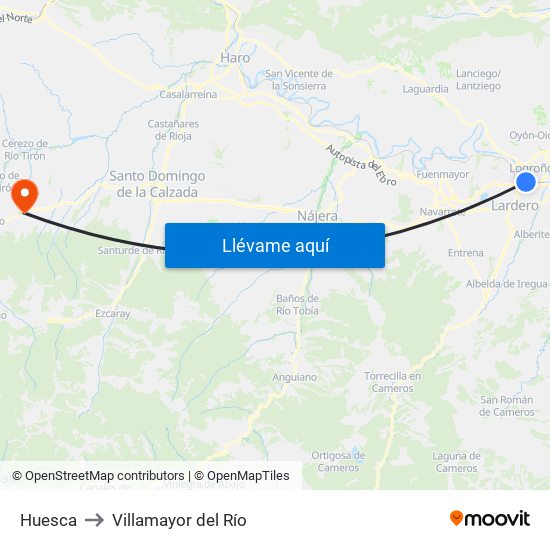 Huesca to Villamayor del Río map