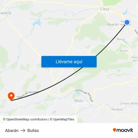 Abarán to Bullas map