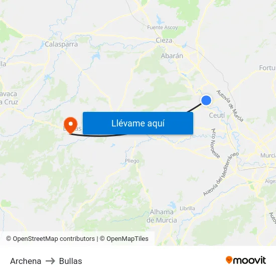 Archena to Bullas map