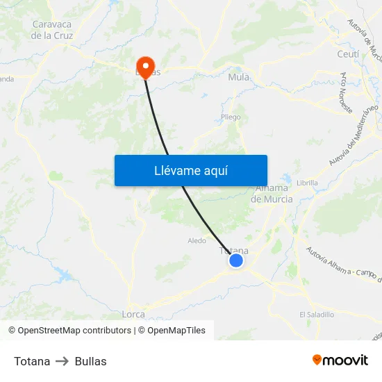 Totana to Bullas map