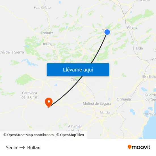 Yecla to Bullas map