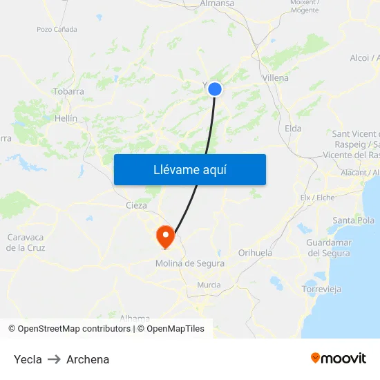 Yecla to Archena map