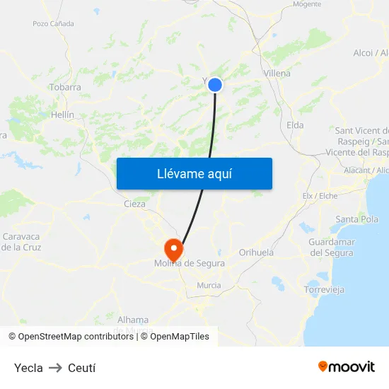 Yecla to Ceutí map
