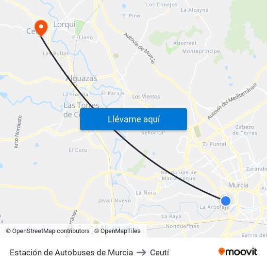 Estación de Autobuses de Murcia to Ceutí map