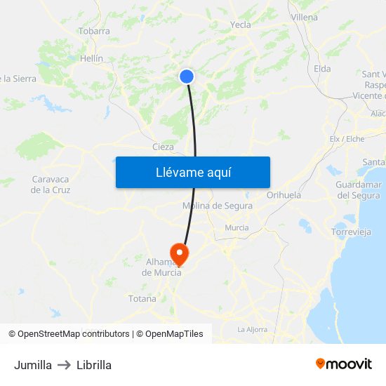 Jumilla to Librilla map