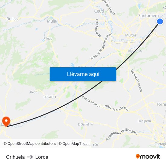 Orihuela to Lorca map