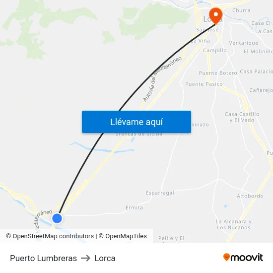 Puerto Lumbreras to Lorca map