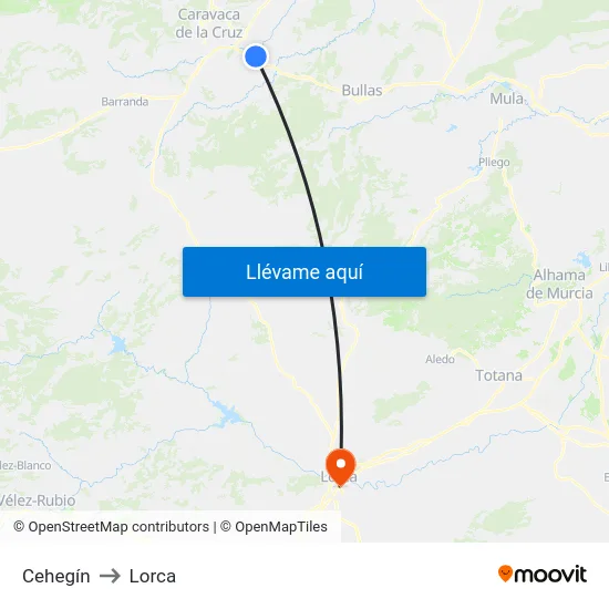 Cehegín to Lorca map
