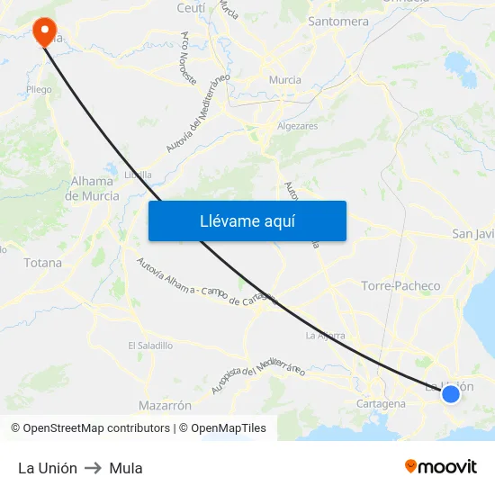 La Unión to Mula map