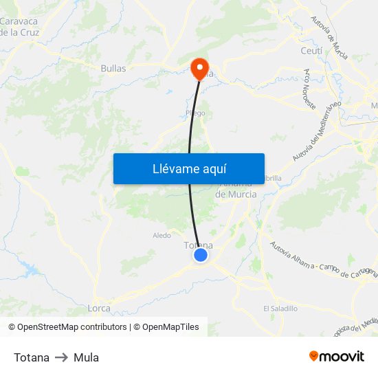 Totana to Mula map