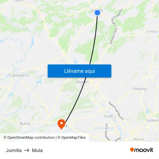 Jumilla to Mula map