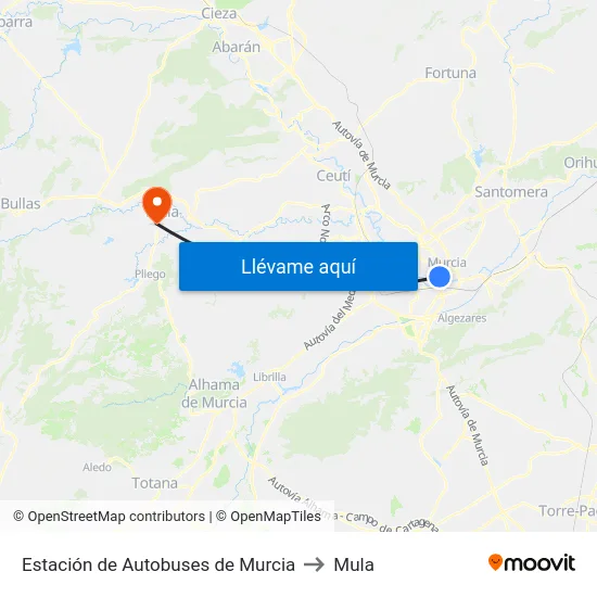 Estación de Autobuses de Murcia to Mula map