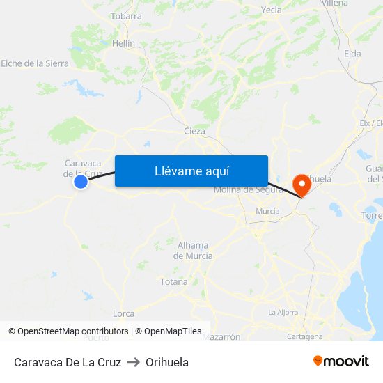 Caravaca De La Cruz to Orihuela map