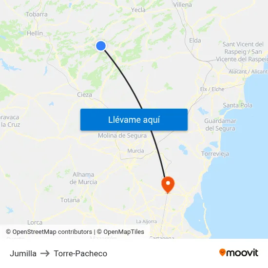 Jumilla to Torre-Pacheco map