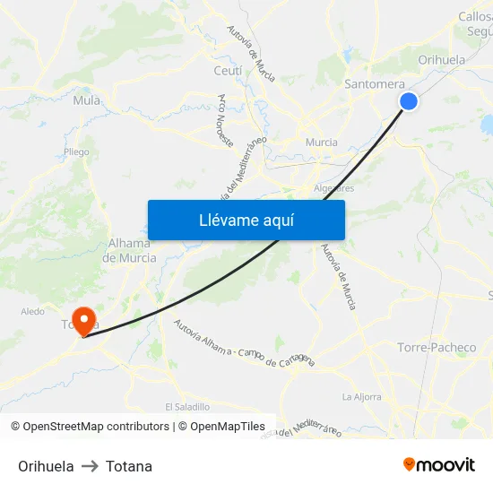 Orihuela to Totana map