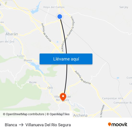 Blanca to Villanueva Del Río Segura map