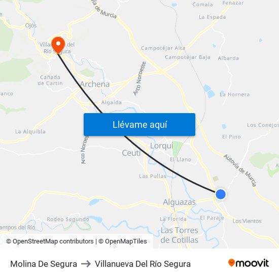 Molina De Segura to Villanueva Del Río Segura map